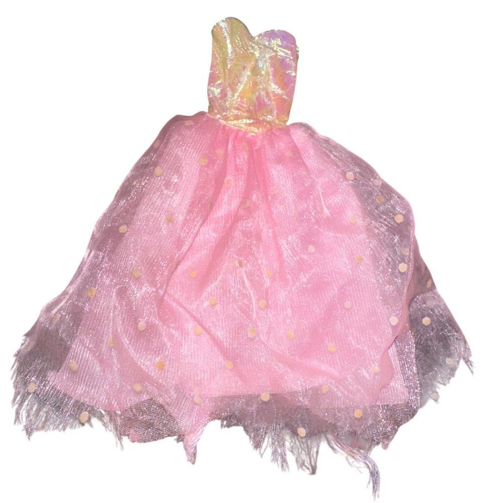 Vintage Lucky Ind Co Ltd Pink Polka Dot Doll Dress Iridescent Gold Bodice